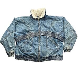Vintage H Valentina Sherpa Lined Denim Acid Wash Jacket Mens XL Zip Heavyweight